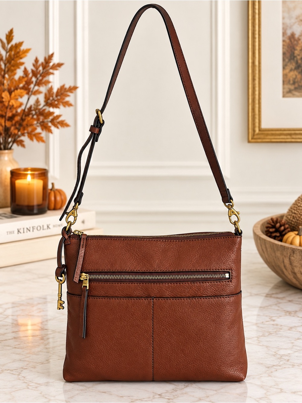 Fossil Cognac Brown Leather Crossbody Bag Key Charm Organizer Shoulder Purse